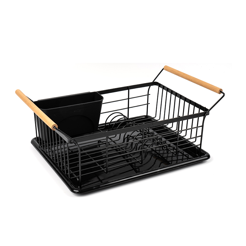 یک قفسه خشک کن کاسه و بشقاب با دسته چوبی