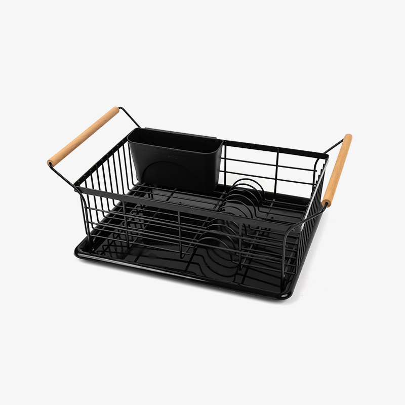 یک قفسه خشک کن کاسه و بشقاب با دسته چوبی